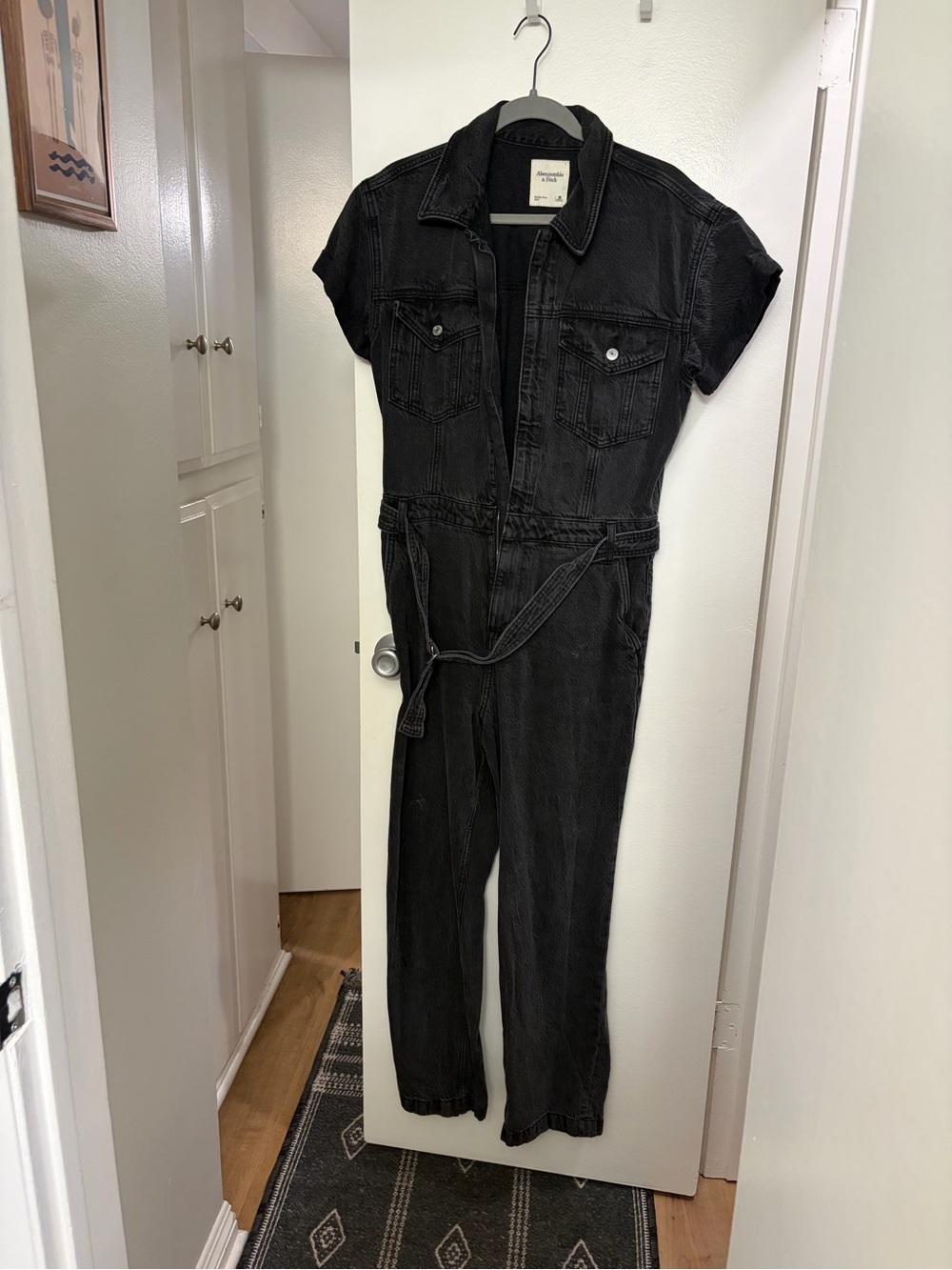 Abercrombie & Fitch Black Short-Sleeve Denim Jumpsuit